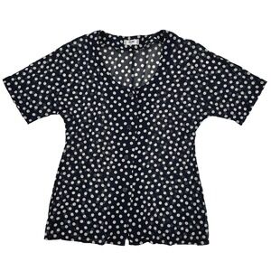 Celine Paris Polka Dot Button Front Short Sleeve Blouse Navy White France Medium